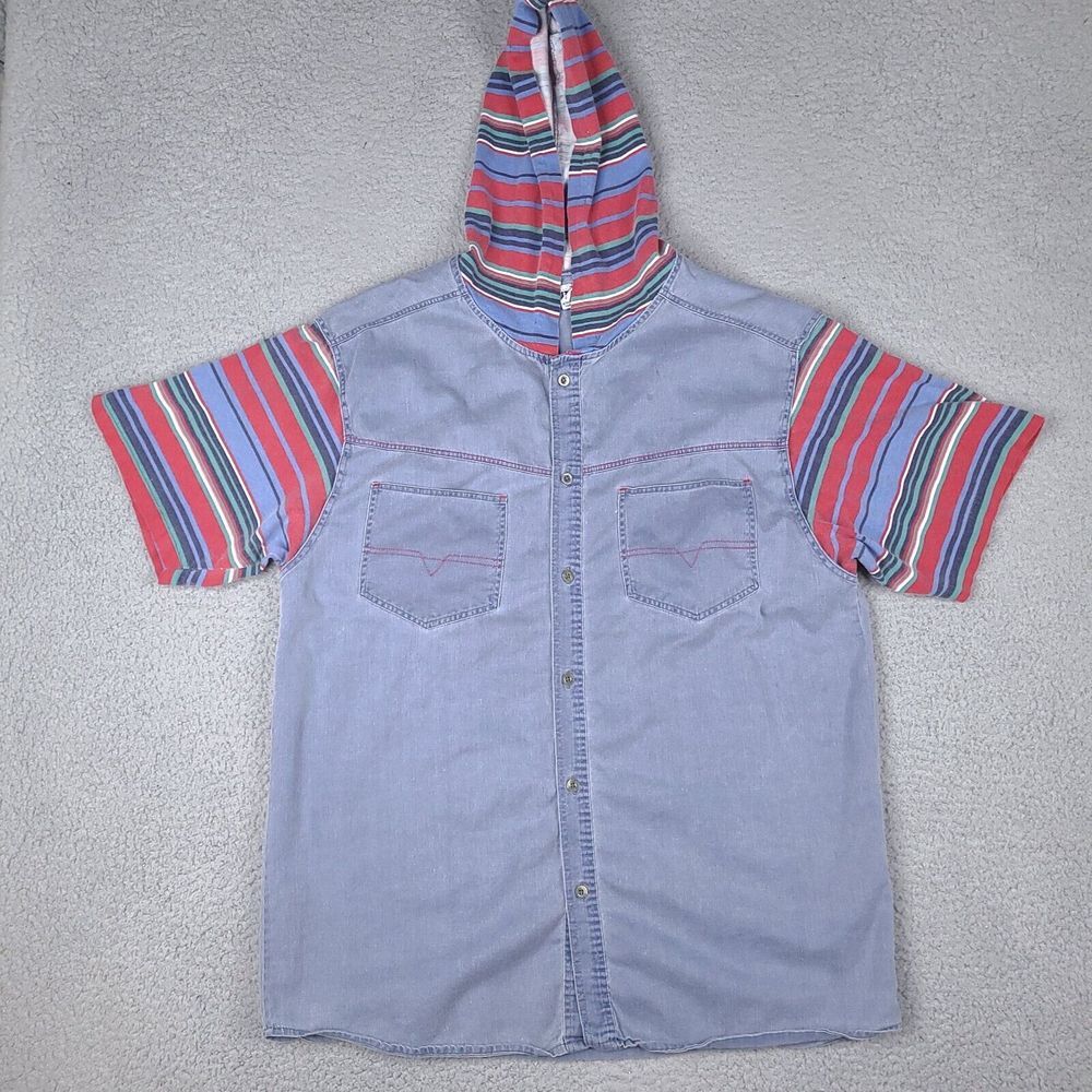 Vintage‎ Gitano Shirt Mens Large Blue Hooded Button Down 90's Denim Chambray